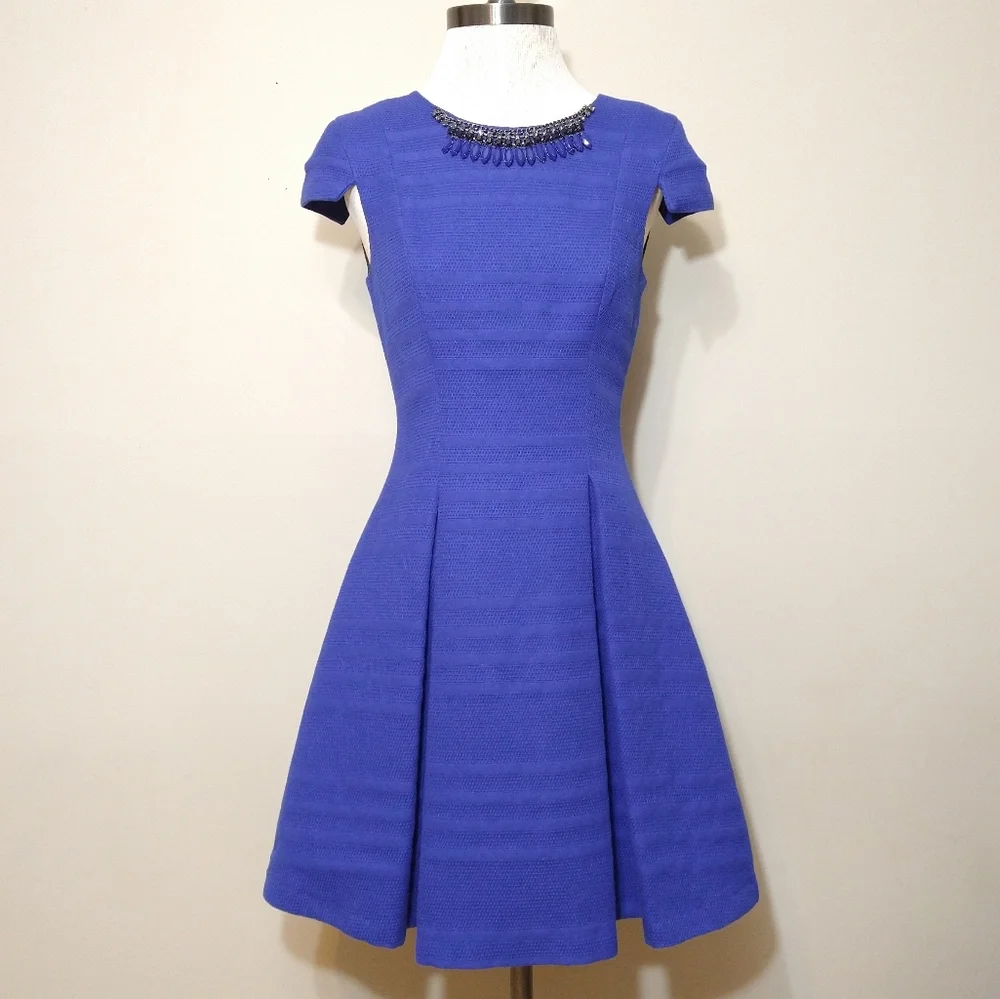 Zara Basic Royal Blue A-Line Structured Cocktail Dress With Jewel Neckline Small - Picture 1 of 14